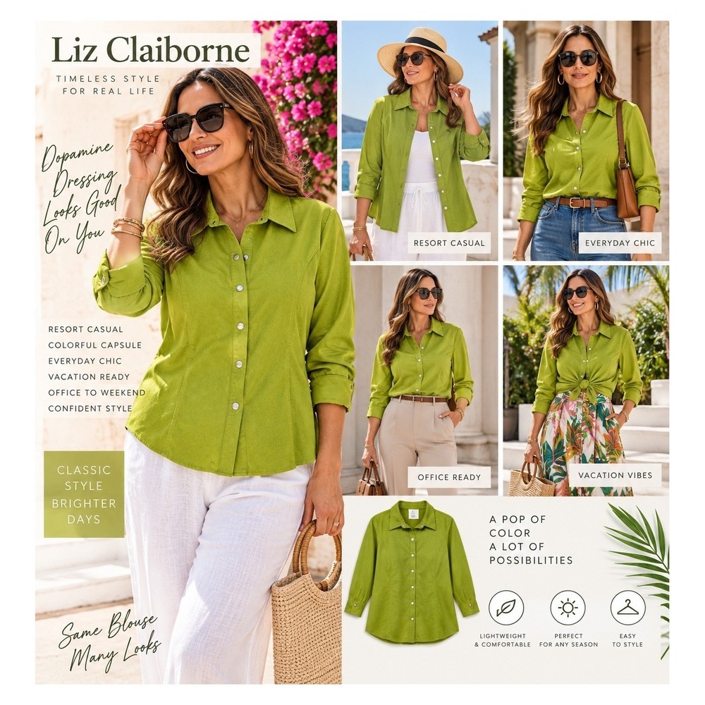 Liz Claiborne Woman Faux Suede Snap Front Shirt Lime Green 1X Long Sleeve Top